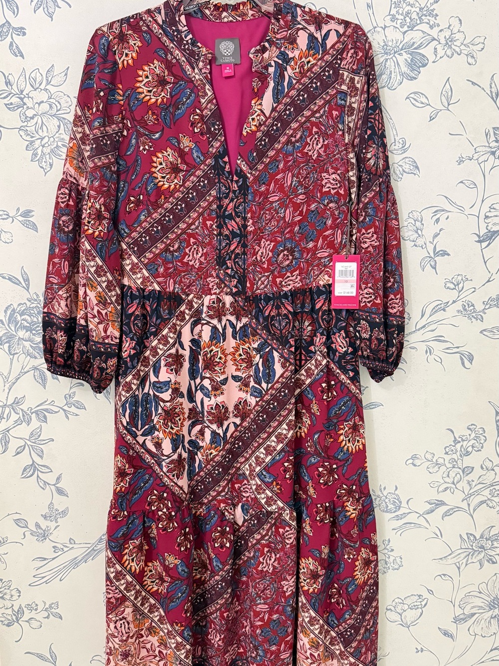 Vince Camuto Magenta Floral Patchwork Midi Dress